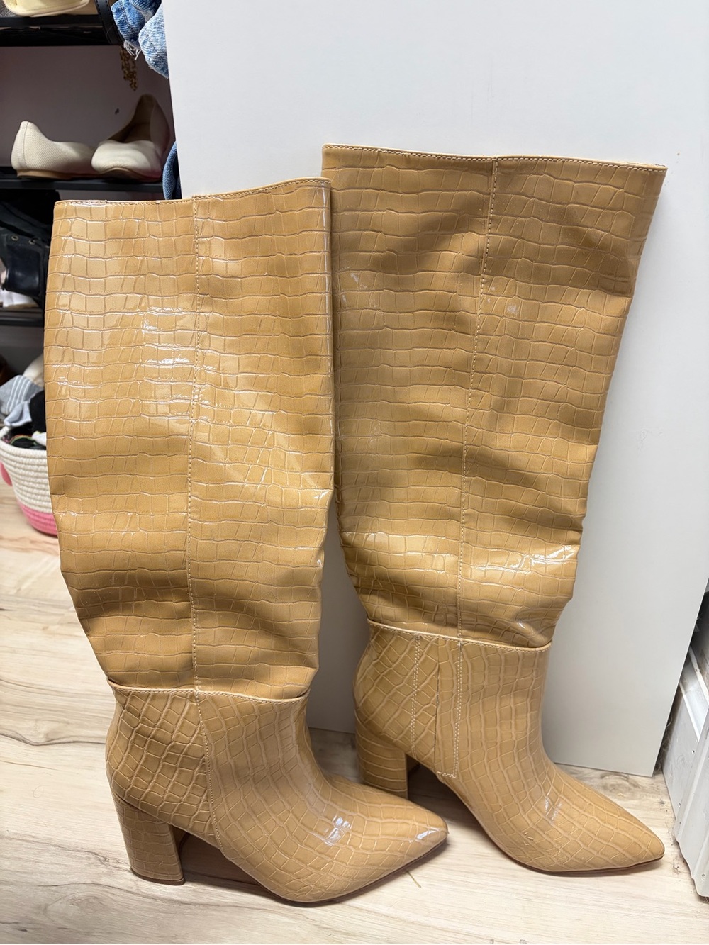 Lulus Tall Croc-Embossed Tan Knee-High Boots, 8